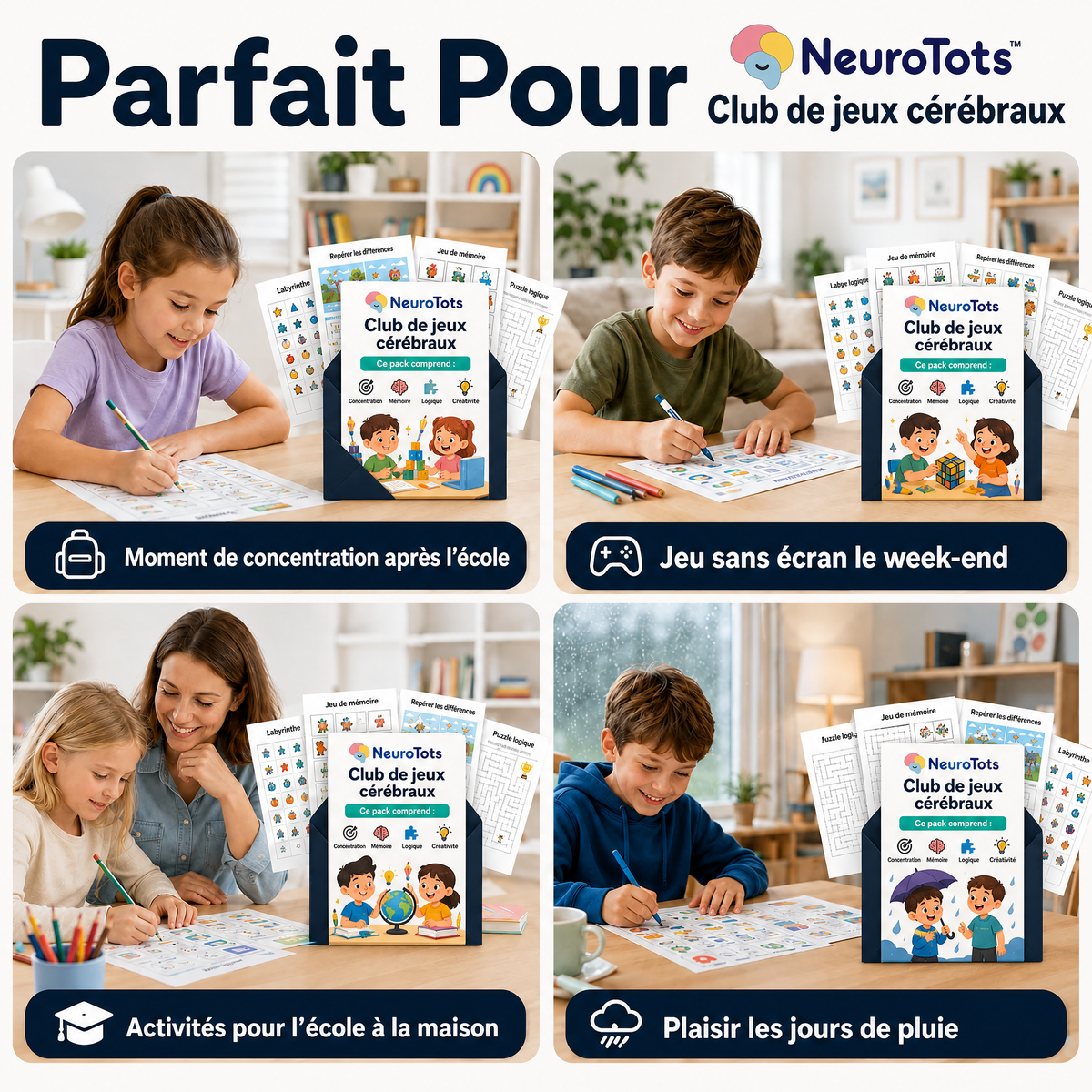 Club de jeux cérébraux NeuroTots™ : de nouveaux jeux cérébraux imprimables sont livrés chaque mois.