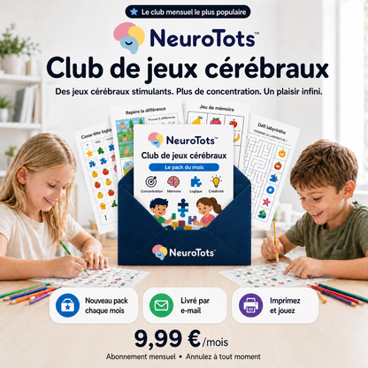 Club de jeux cérébraux NeuroTots™ : de nouveaux jeux cérébraux imprimables sont livrés chaque mois.
