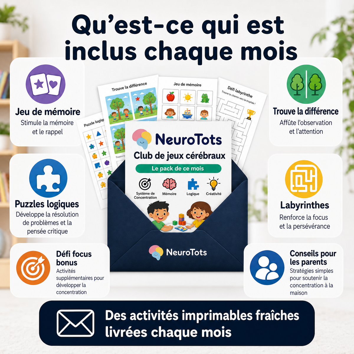 Club de jeux cérébraux NeuroTots™ : de nouveaux jeux cérébraux imprimables sont livrés chaque mois.