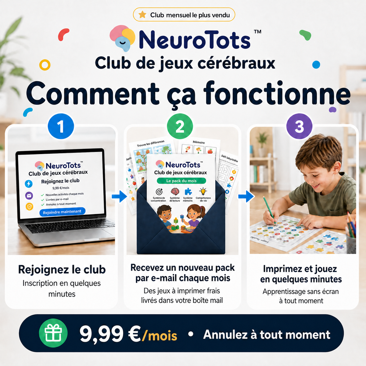 Club de jeux cérébraux NeuroTots™ : de nouveaux jeux cérébraux imprimables sont livrés chaque mois.