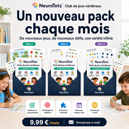 Club de jeux cérébraux NeuroTots™ : de nouveaux jeux cérébraux imprimables sont livrés chaque mois.