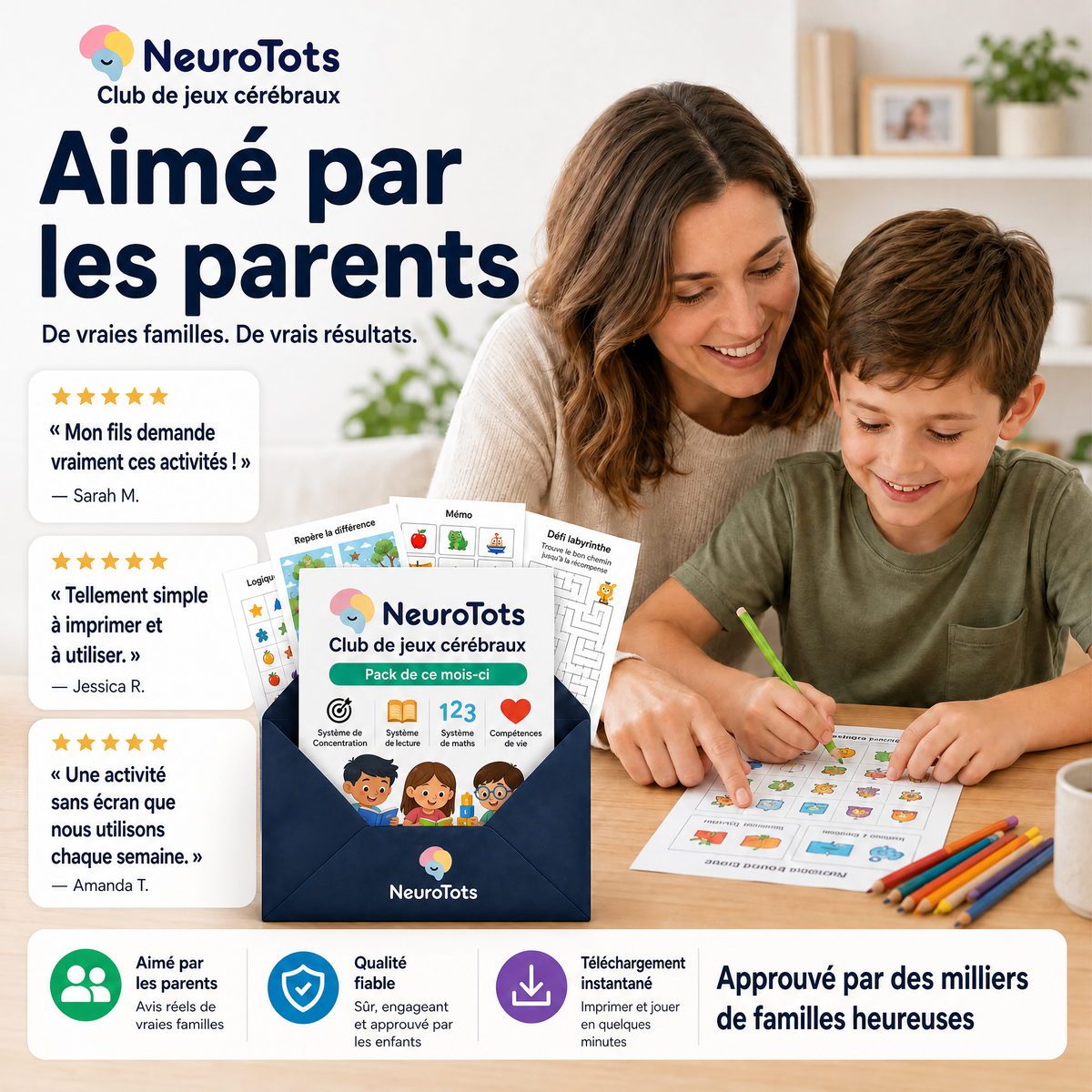 Club de jeux cérébraux NeuroTots™ : de nouveaux jeux cérébraux imprimables sont livrés chaque mois.