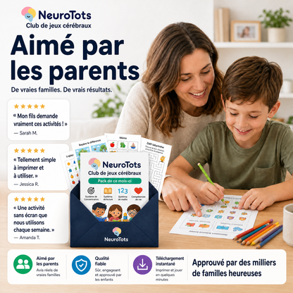 Club de jeux cérébraux NeuroTots™ : de nouveaux jeux cérébraux imprimables sont livrés chaque mois.