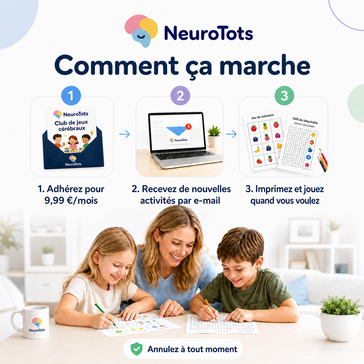 Club de jeux cérébraux NeuroTots™ : de nouveaux jeux cérébraux imprimables sont livrés chaque mois.
